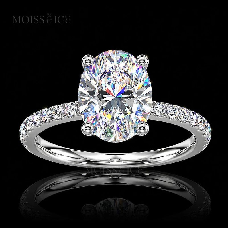 White Gold Oval Cut Lab-Grown Diamond Engagement Ring Hidden Halo & Pavé Band