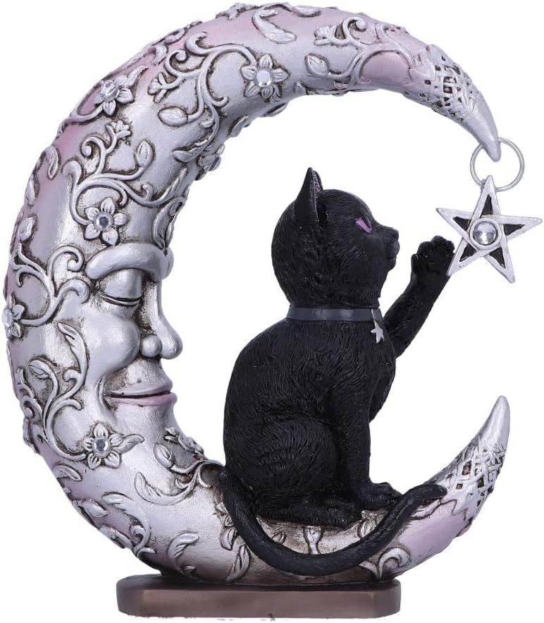 Luna Companion kat op maan beeldje 18,8 cm - gotische maan en ster zwarte kat ornament, handgeschilderde hars woondecoratie